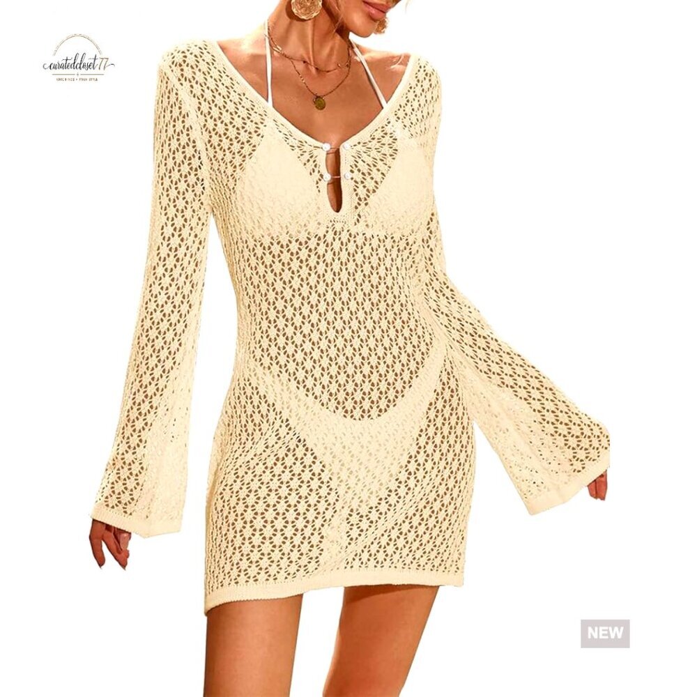 Large Crochet Mesh Swimsuit Cover Up Mini Dress V Neck Pearl - Picture 1 of 7